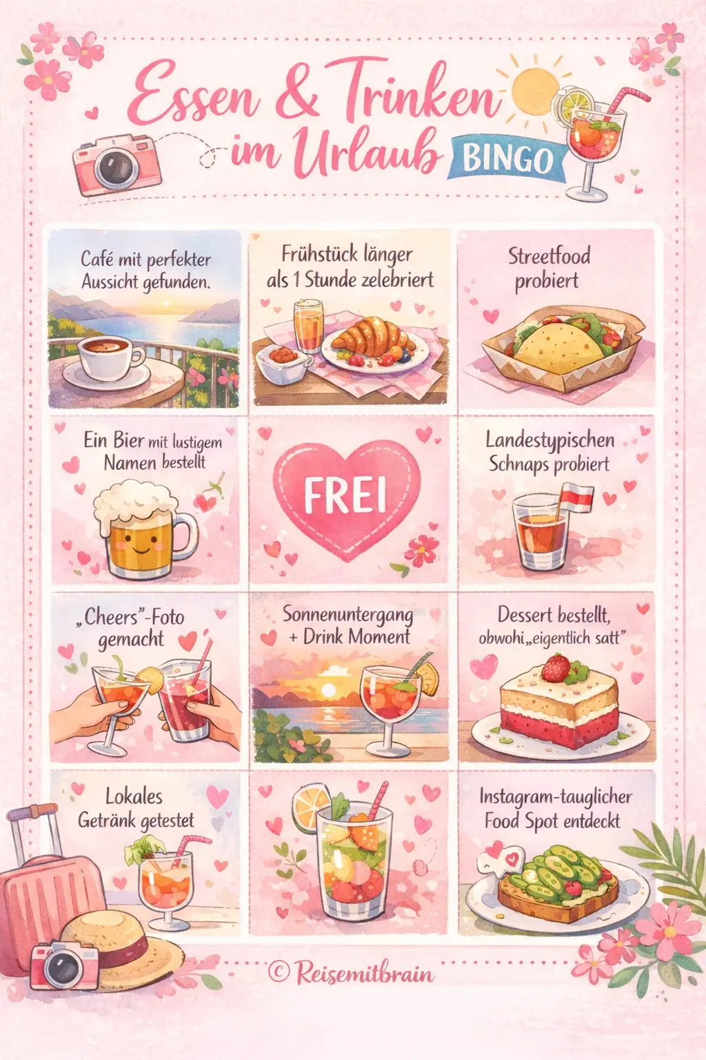Verspieltes Essen & Trinken im Urlaub Bingo mit 12 Feldern zu Café mit Aussicht, Streetfood, Sonnenuntergang mit Drink, Dessert und landestypischen Getränken – Reise-Bingo von Reisemitbrain.